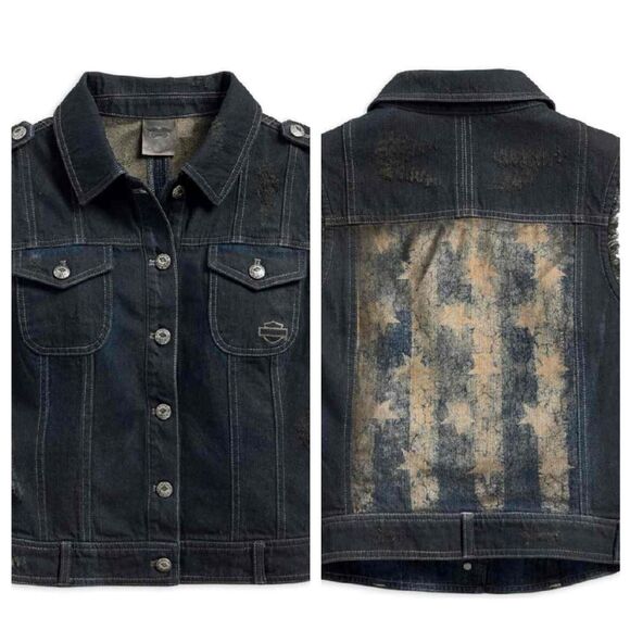 EUC Womens Distressed Raw Hem Americana Harley Davidson Dark Denim Vest - Picture 1 of 7